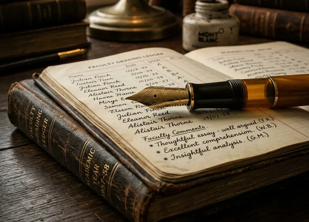 A fountain pen resting on an open faculty grading ledger