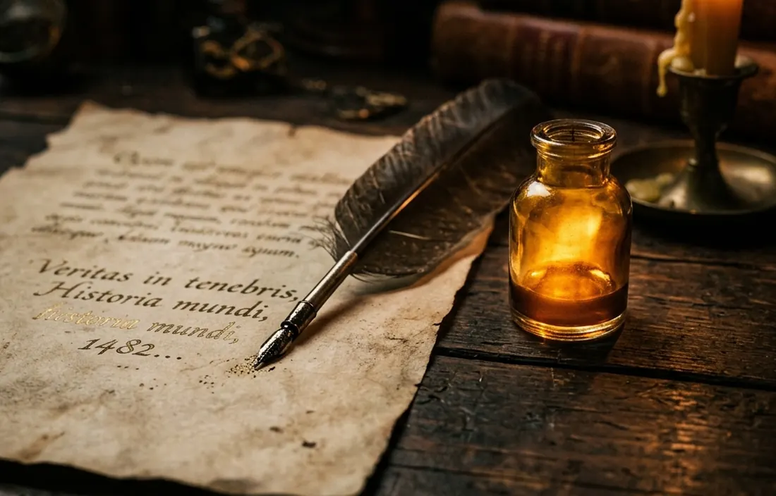 A scribe's desk: quill, ink, candle and a manuscript