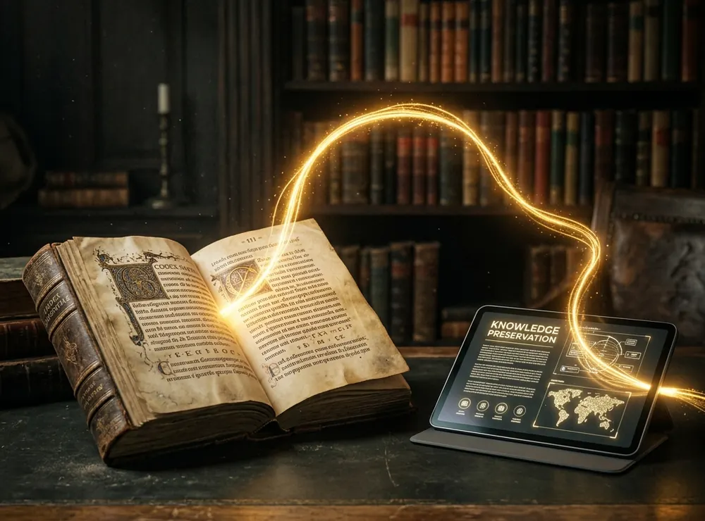 An illuminated codex linked by a thread of light to a tablet